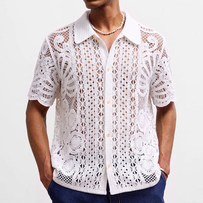 Retro Jacquard Polo Shirts Summer Men's Hollow Out Short Sleeve Casual Cardigan Ethnic Style Crochet Knitted Tops Man Streetwear