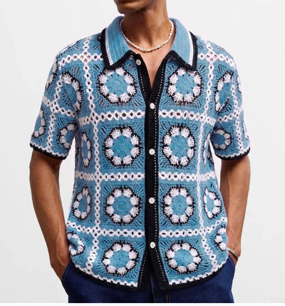 Retro Jacquard Polo Shirts Summer Men's Hollow Out Short Sleeve Casual Cardigan Ethnic Style Crochet Knitted Tops Man Streetwear