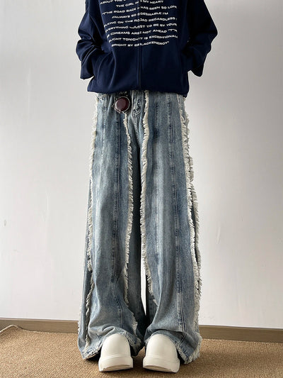 Retro Fringed Design Denim Jeans Loose Floor-Length Slimming Bell Bottoms for Men And Women Summer New Style Casual Long Pants