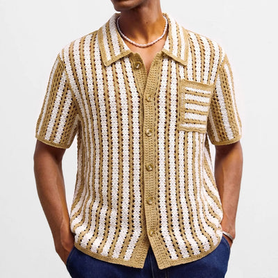 Retro Jacquard Polo Shirts Summer Men's Hollow Out Short Sleeve Casual Cardigan Ethnic Style Crochet Knitted Tops Man Streetwear