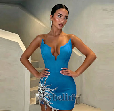 Kybeliny Modern Mini Homecoming Dresses for Women with V-neck Rhinestones Sleeveless Sheath Abendkleider Party Customized