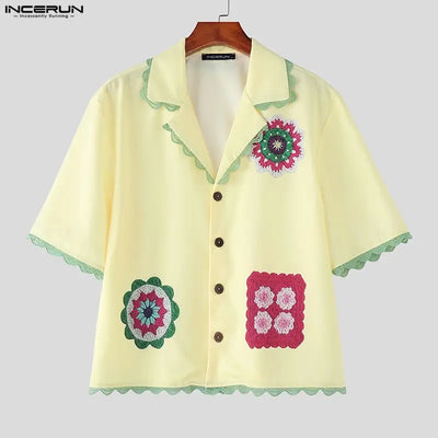 INCERUN Men's Shirt Printing Lace Patchwork Lapel Short Sleeve Male Tops Camisa Streetwear Loose 2026 Stylish Casual Men Clothes