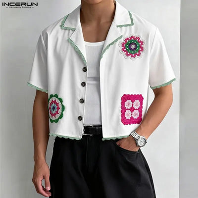 INCERUN Men's Shirt Printing Lace Patchwork Lapel Short Sleeve Male Tops Camisa Streetwear Loose 2026 Stylish Casual Men Clothes