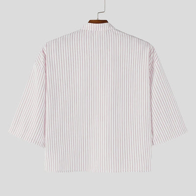 INCERUN Men Shirt Striped Patchwork Stand Collar Short Sleeve Crop Tops For Man Summer Streetwear Loose 2026 Fashion Men Clothes