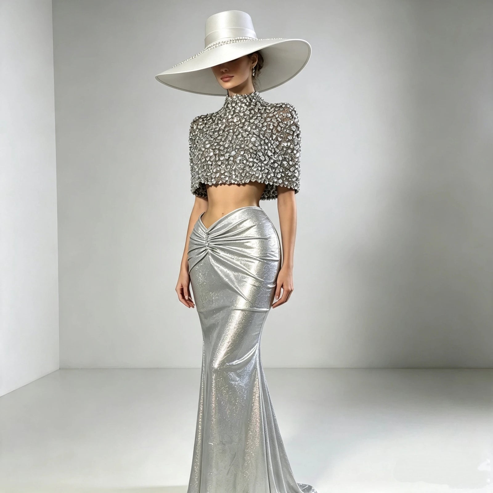 Stylish Expose Wasit Woman Set Luxury Crystal Cloak AndLong Mermaid Skirt  2 Pieces Birthday Party Dress Wedding Party Vestido