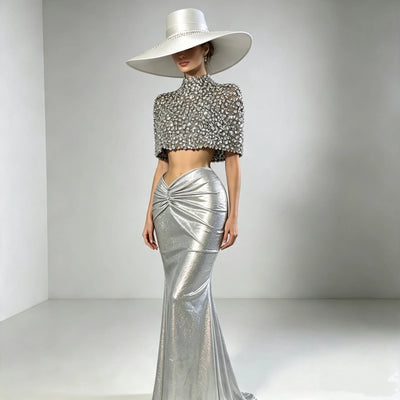 Stylish Expose Wasit Woman Set Luxury Crystal Cloak AndLong Mermaid Skirt  2 Pieces Birthday Party Dress Wedding Party Vestido