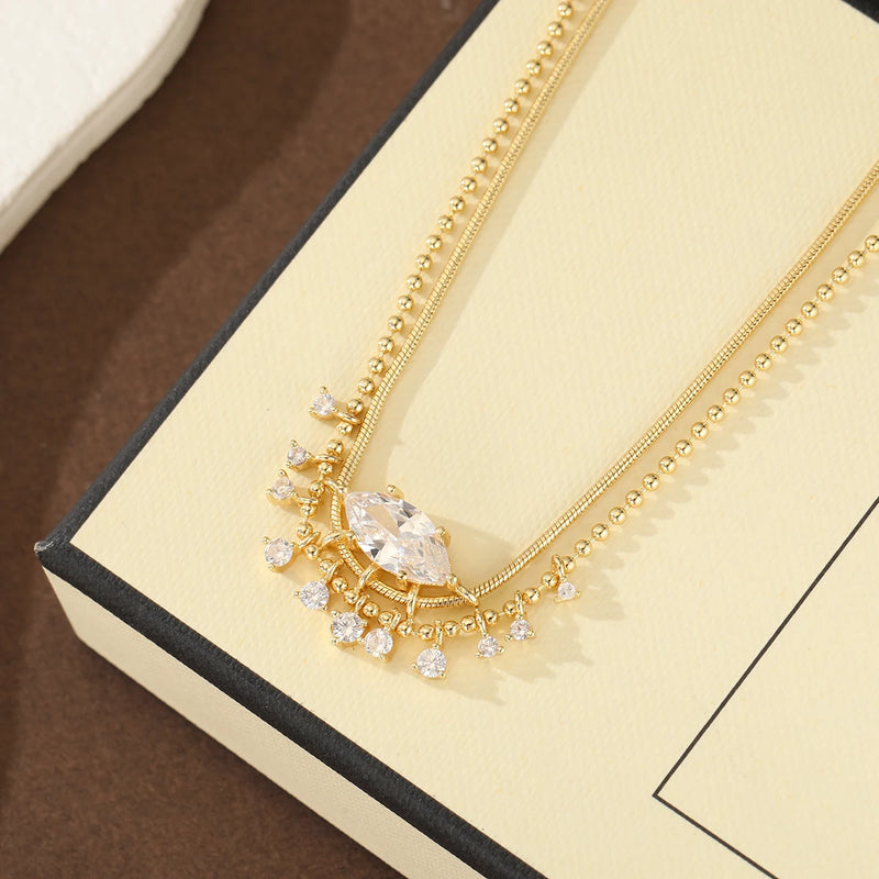 Luxury Copper Necklace for Women with Marquise Artificial Gemstones and Tassel Design, Suitable for Weddings and Banquets.