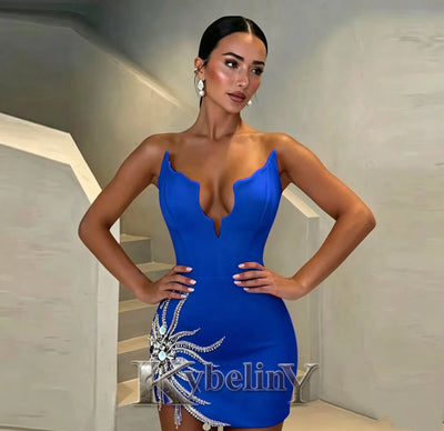 Kybeliny Modern Mini Homecoming Dresses for Women with V-neck Rhinestones Sleeveless Sheath Abendkleider Party Customized