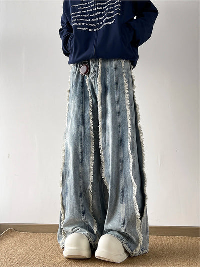 Retro Fringed Design Denim Jeans Loose Floor-Length Slimming Bell Bottoms for Men And Women Summer New Style Casual Long Pants