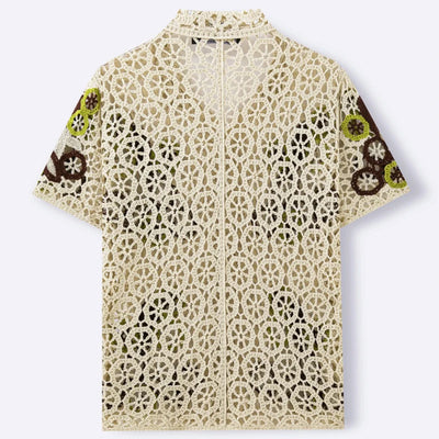 Spring Summer Seaside Beach Casual Shirts Mens Vintage Embroidery Knitting Hollow Out Shirt Stylish Buttoned Lapel Cardigan Tops
