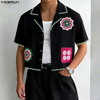 INCERUN Men's Shirt Printing Lace Patchwork Lapel Short Sleeve Male Tops Camisa Streetwear Loose 2026 Stylish Casual Men Clothes