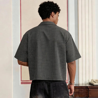 Trendy Men's Cropped Grid Shirts Short Sleeve Loose Fit Casual Streetwear Top with Red Label Detail 2026 Summer New Blouse S-XL
