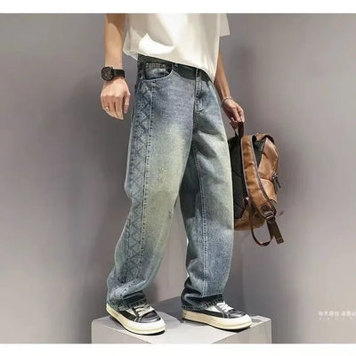 American High Street Fashion Brand Loose Straight Leg Denim Pants for Men, with Patchwork Design and Wide Leg Curved Knife Pants