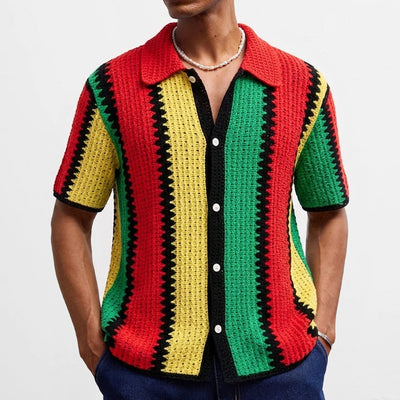 Retro Jacquard Polo Shirts Summer Men's Hollow Out Short Sleeve Casual Cardigan Ethnic Style Crochet Knitted Tops Man Streetwear