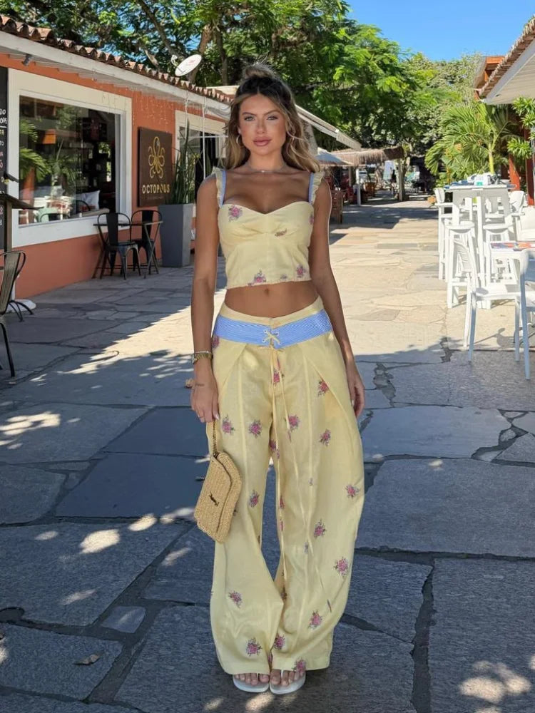 Floral Print Sweetheart Cami Crop Top Lace Up Wide Leg Pants 2026 Autumn Women Two Piece Outfit Street Ladies Casual Suit