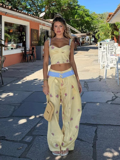 Floral Print Sweetheart Cami Crop Top Lace Up Wide Leg Pants 2026 Autumn Women Two Piece Outfit Street Ladies Casual Suit