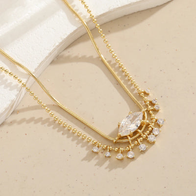 Luxury Copper Necklace for Women with Marquise Artificial Gemstones and Tassel Design, Suitable for Weddings and Banquets.