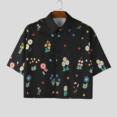 INCERUN Men Shirt Flower Printed Lapel Short Sleeve Button Men Clothing Summer Loose 2026 Vacation Fashion Casual Male Crop Tops