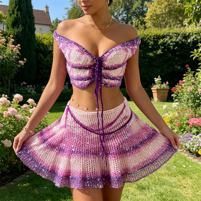 Women Vintage Boho Knitted Butterfly Shape Crop Tops Off Shoulder Sequins Tie-up Front Backless Bandage Beach Vacation T-shirts