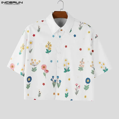 INCERUN Men Shirt Flower Printed Lapel Short Sleeve Button Men Clothing Summer Loose 2026 Vacation Fashion Casual Male Crop Tops