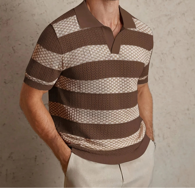 Daily Casual Mens Knitted Polo Shirts 2026 Summer Fashion Striped Contrast Color Knit Pullovers Men Stylish Turn-down Collar Top