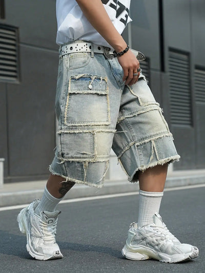 Men's Light‑Blue Spliced Denim Bermuda Shorts / Raw‑Edge Fringed Multi‑Pocket Deconstructed Street‑Style Loose Denim Shorts