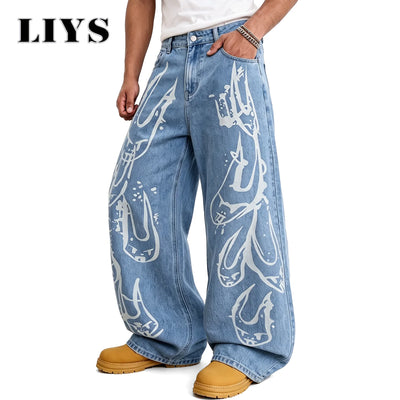 LIYS Men's Y2K Gothic Graffiti Print Baggy Ultra Wide Leg Jeans Hip Hop Streetwear Loose Casual Skater Denim Pants Unisex
