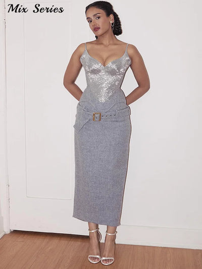 Elegant Glitter Corset Skirt Set Women's Strapless Bodycon Tops Hip Package Skirts With Belt 2026 Sexy Party Two-Piece Outfit ﻿