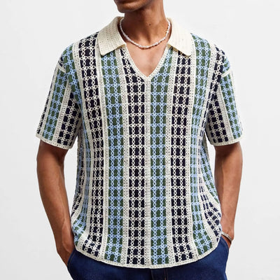 Retro Jacquard Polo Shirts Summer Men's Hollow Out Short Sleeve Casual Cardigan Ethnic Style Crochet Knitted Tops Man Streetwear