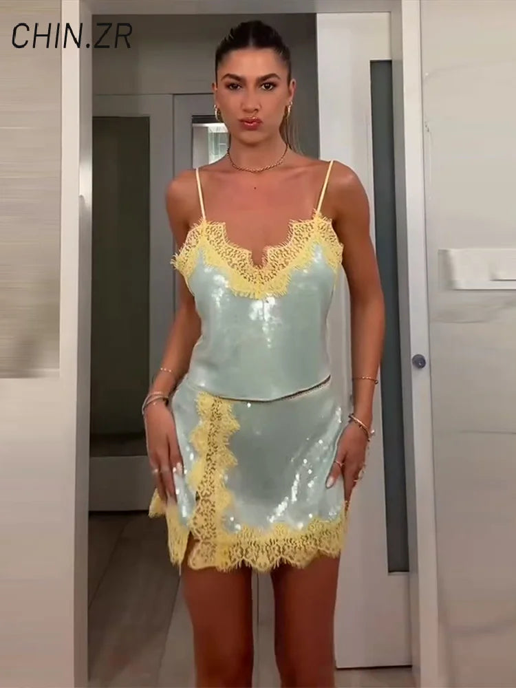 Sexy Lace Sequined Women's Skirt Sets V-neck Backless Cropped Sling Tops Mini A-line Skirt 2026 Summer Lady Beach Party Suits