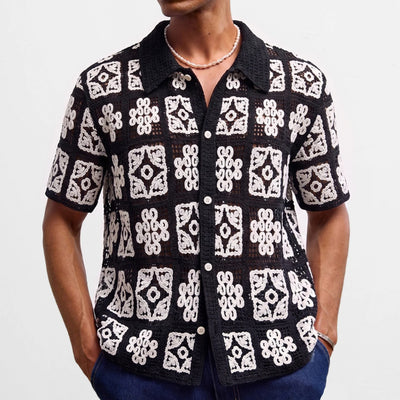 Retro Jacquard Polo Shirts Summer Men's Hollow Out Short Sleeve Casual Cardigan Ethnic Style Crochet Knitted Tops Man Streetwear