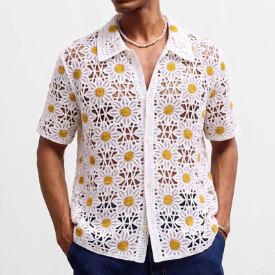 Retro Jacquard Polo Shirts Summer Men's Hollow Out Short Sleeve Casual Cardigan Ethnic Style Crochet Knitted Tops Man Streetwear
