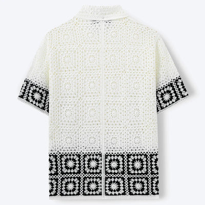 Retro Men's Summer Crochet Short Sleeve Shirts Fashion Hollow Out Knitted Polo Shirts High Quality Jacquard Cardigan Tops SY0069