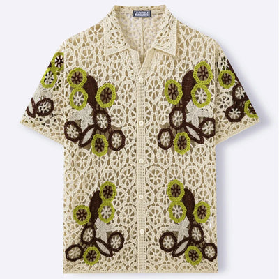 Spring Summer Seaside Beach Casual Shirts Mens Vintage Embroidery Knitting Hollow Out Shirt Stylish Buttoned Lapel Cardigan Tops