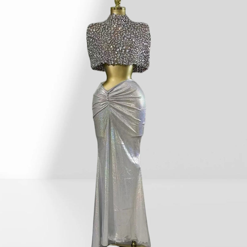 Stylish Expose Wasit Woman Set Luxury Crystal Cloak AndLong Mermaid Skirt  2 Pieces Birthday Party Dress Wedding Party Vestido