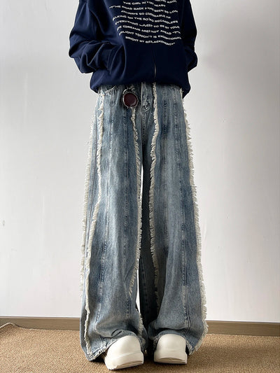 Retro Fringed Design Denim Jeans Loose Floor-Length Slimming Bell Bottoms for Men And Women Summer New Style Casual Long Pants