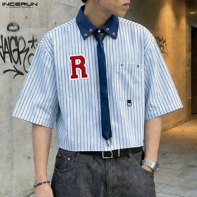 INCERUN Men's Shirt Striped Patchwork Color-block Lapel Half Sleeve Menswear Clothing Streetwear Loose 2026 Camisa Fashion Tops
