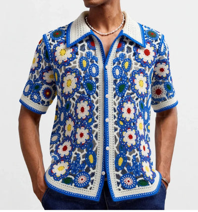 Retro Jacquard Polo Shirts Summer Men's Hollow Out Short Sleeve Casual Cardigan Ethnic Style Crochet Knitted Tops Man Streetwear