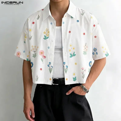 INCERUN Men Shirt Flower Printed Lapel Short Sleeve Button Men Clothing Summer Loose 2026 Vacation Fashion Casual Male Crop Tops