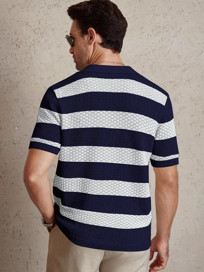 Daily Casual Mens Knitted Polo Shirts 2026 Summer Fashion Striped Contrast Color Knit Pullovers Men Stylish Turn-down Collar Top
