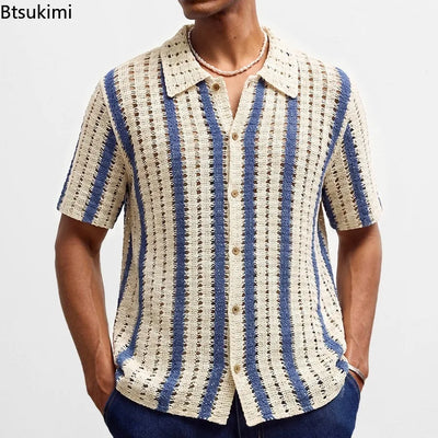 Retro Jacquard Polo Shirts Summer Men's Hollow Out Short Sleeve Casual Cardigan Ethnic Style Crochet Knitted Tops Man Streetwear