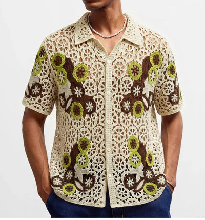 Retro Jacquard Polo Shirts Summer Men's Hollow Out Short Sleeve Casual Cardigan Ethnic Style Crochet Knitted Tops Man Streetwear