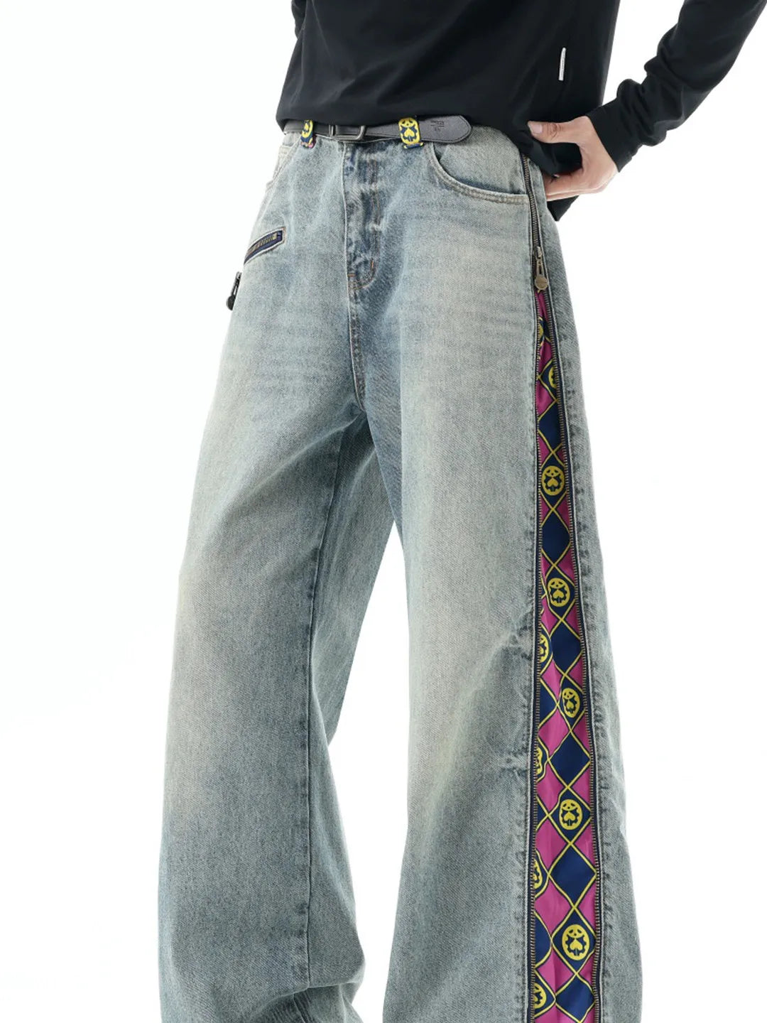 American Style Plaid Denim Pants Men Summer Trendy Wide Leg Straight Cut Floor Length Trousers Retro Patchwork Jeans