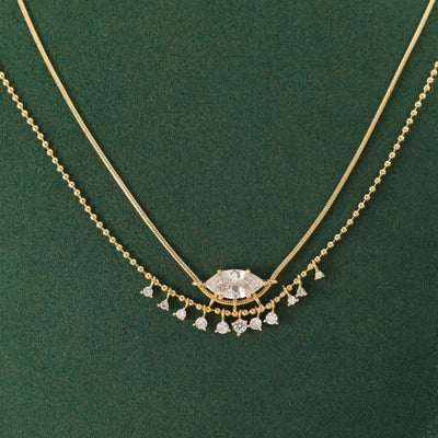 Luxury Copper Necklace for Women with Marquise Artificial Gemstones and Tassel Design, Suitable for Weddings and Banquets.