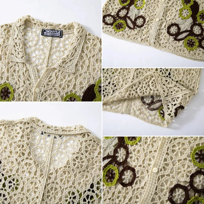 Spring Summer Seaside Beach Casual Shirts Mens Vintage Embroidery Knitting Hollow Out Shirt Stylish Buttoned Lapel Cardigan Tops