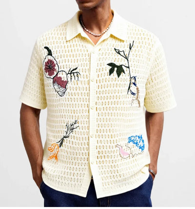 Retro Jacquard Polo Shirts Summer Men's Hollow Out Short Sleeve Casual Cardigan Ethnic Style Crochet Knitted Tops Man Streetwear