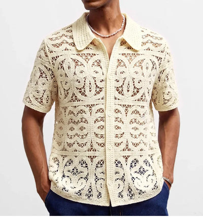 Retro Jacquard Polo Shirts Summer Men's Hollow Out Short Sleeve Casual Cardigan Ethnic Style Crochet Knitted Tops Man Streetwear