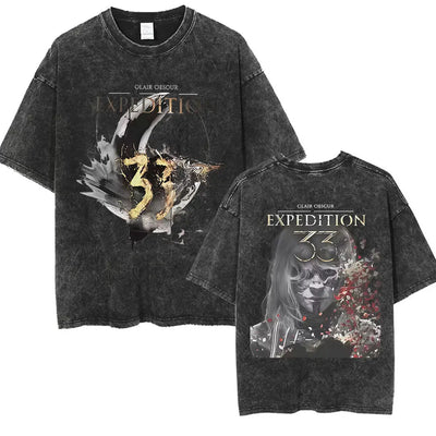 Vintage Washed Clair Obscur Expédition 33 T-shirt Men's Gothic Fashion Harajuku T-shirts Man Clothing Loose Short Sleeve T Shirt