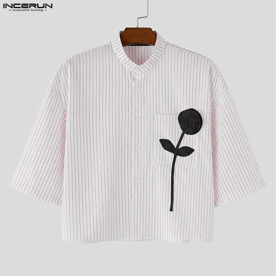 INCERUN Men Shirt Striped Patchwork Stand Collar Short Sleeve Crop Tops For Man Summer Streetwear Loose 2026 Fashion Men Clothes