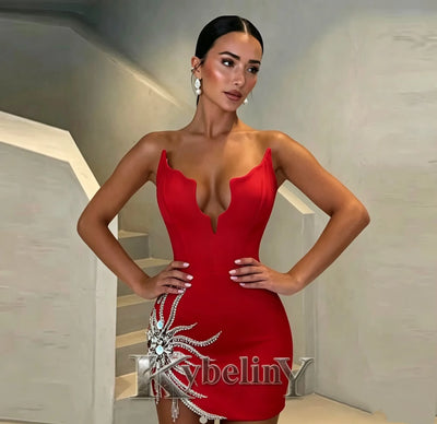 Kybeliny Modern Mini Homecoming Dresses for Women with V-neck Rhinestones Sleeveless Sheath Abendkleider Party Customized